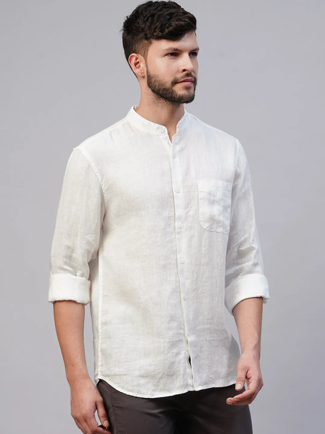 Women Cottonworld 100% Linen Shirts | 100% Linen Shirts^Men's 100% Linen Regular Fit Mandarin Collar Long Sleeved Shirt
