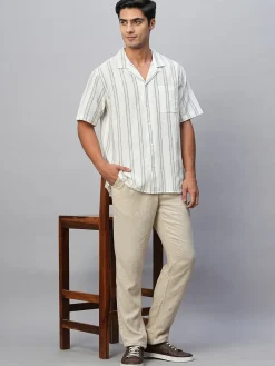 Women Cottonworld Shirts | Shirts^Men's Linen Cotton Regular Fit Striped Shirt