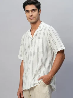 Women Cottonworld Shirts | Shirts^Men's Linen Cotton Regular Fit Striped Shirt