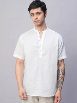 Women Cottonworld Shirts | Shirts^Men's Linen Cotton Slim Fit Band Collar Kurta Shirt