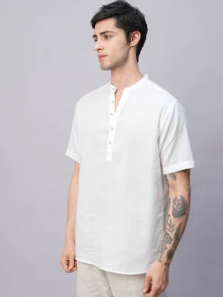 Women Cottonworld Shirts | Shirts^Men's Linen Cotton Slim Fit Band Collar Kurta Shirt