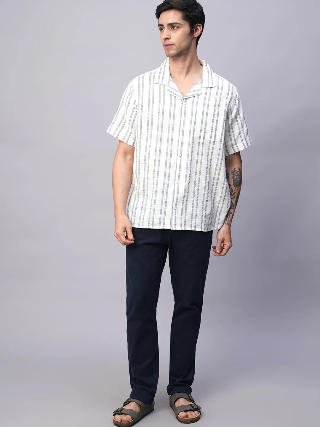 Women Cottonworld Striped | Striped^Men's 100% Cotton Loose Fit Cuban Collar Shirt