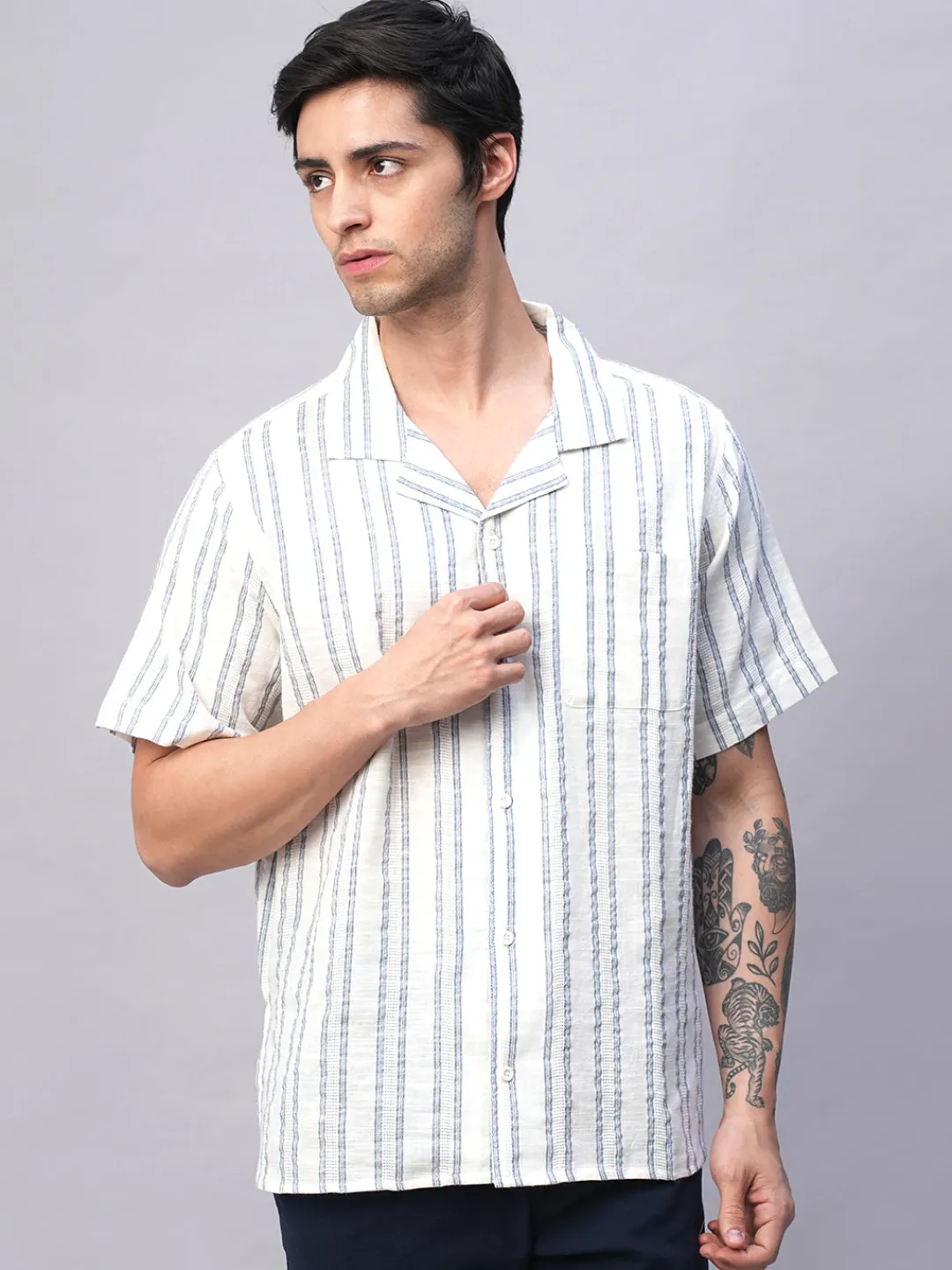 Women Cottonworld Striped | Striped^Men's 100% Cotton Loose Fit Cuban Collar Shirt