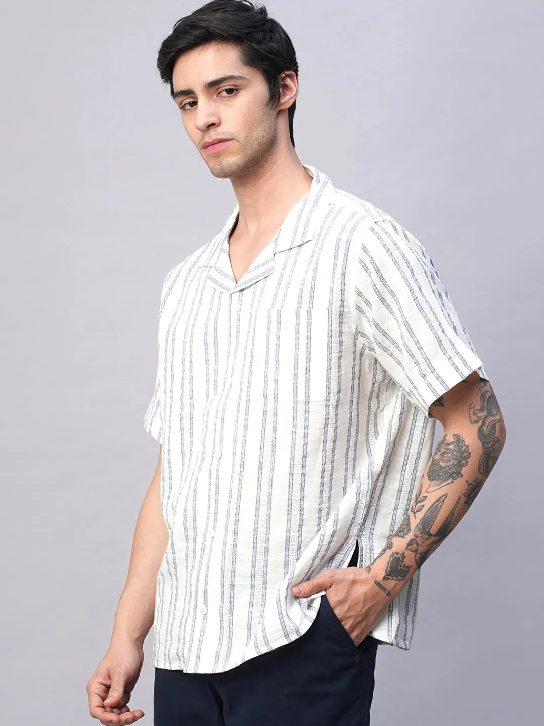 Women Cottonworld Striped | Striped^Men's 100% Cotton Loose Fit Cuban Collar Shirt