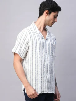 Women Cottonworld Striped | Striped^Men's 100% Cotton Loose Fit Cuban Collar Shirt