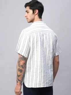 Women Cottonworld Striped | Striped^Men's 100% Cotton Loose Fit Cuban Collar Shirt