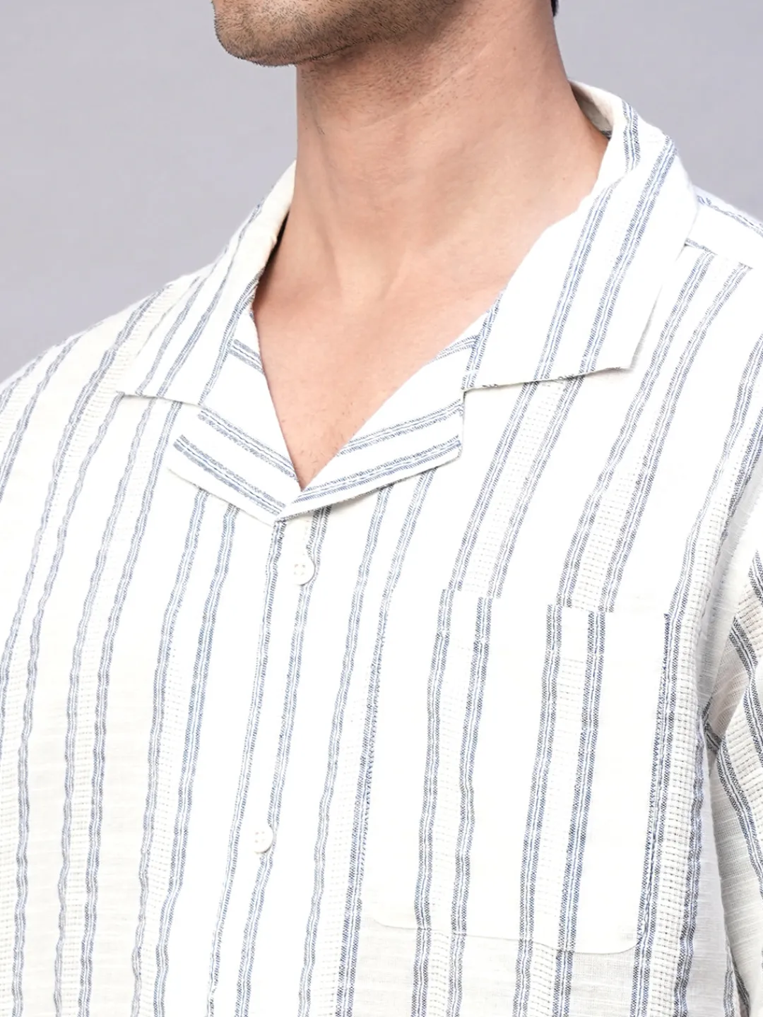 Women Cottonworld Striped | Striped^Men's 100% Cotton Loose Fit Cuban Collar Shirt