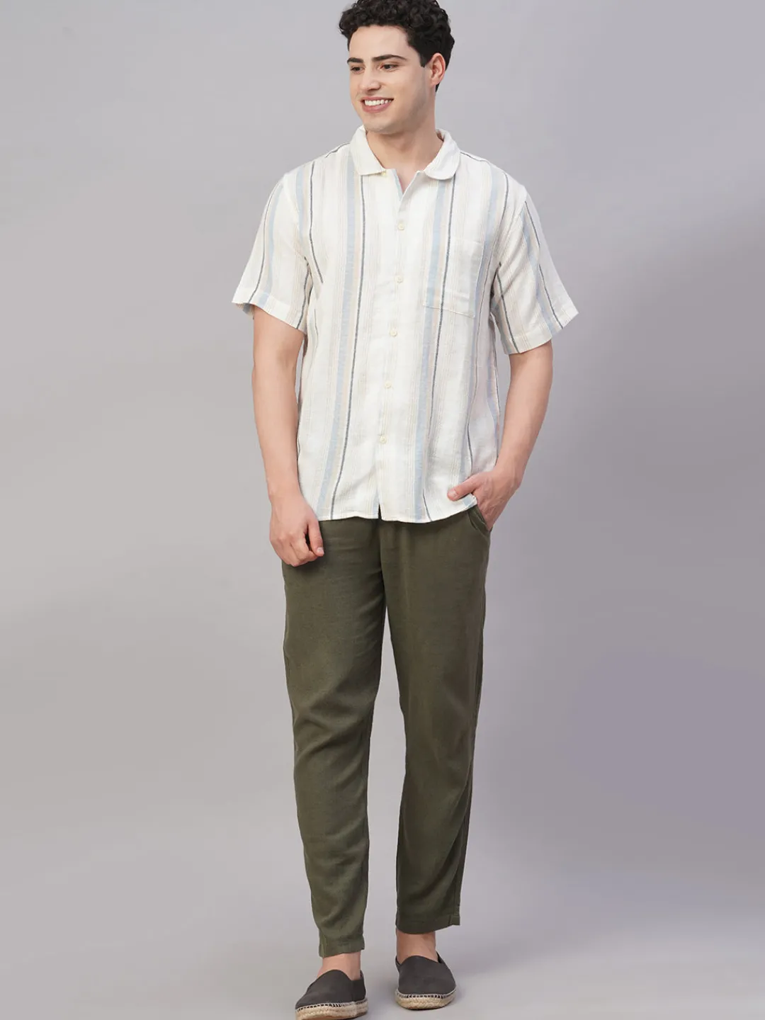 Women Cottonworld Striped | Striped^Men's Cotton Flax Regular Fit Shirt