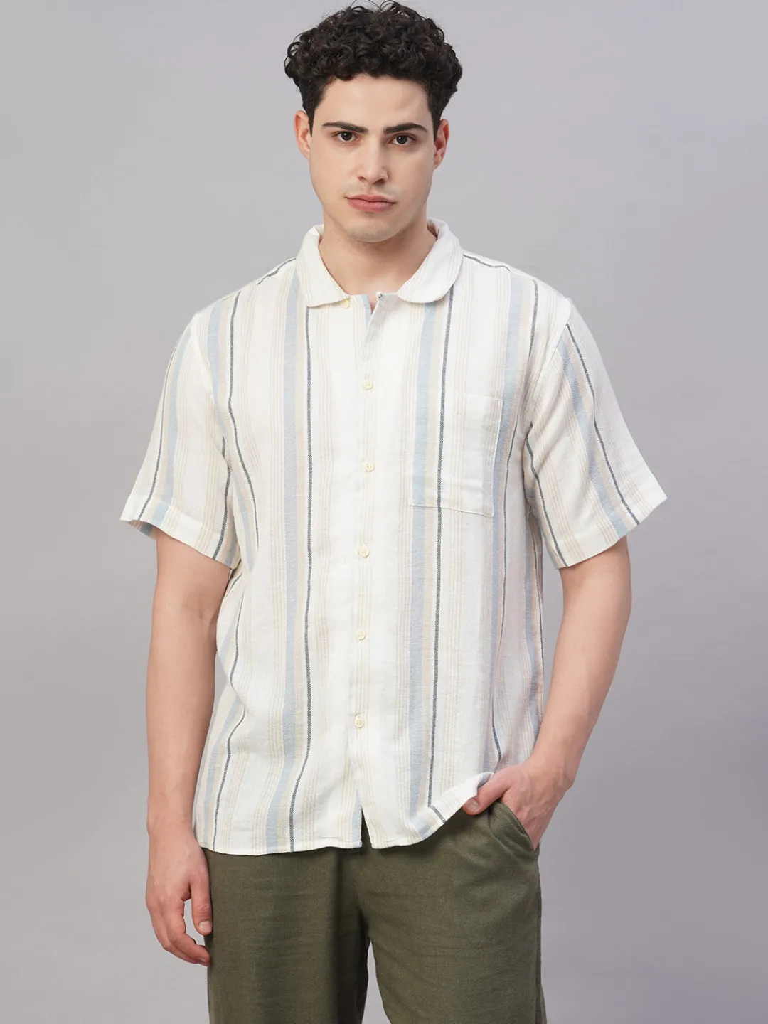 Women Cottonworld Striped | Striped^Men's Cotton Flax Regular Fit Shirt