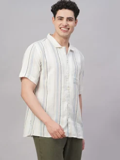 Women Cottonworld Striped | Striped^Men's Cotton Flax Regular Fit Shirt
