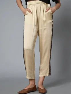Women Cottonworld Trousers^Women's Ajrak Hand Block Printed Regular Fit Modal Offwhite Pant