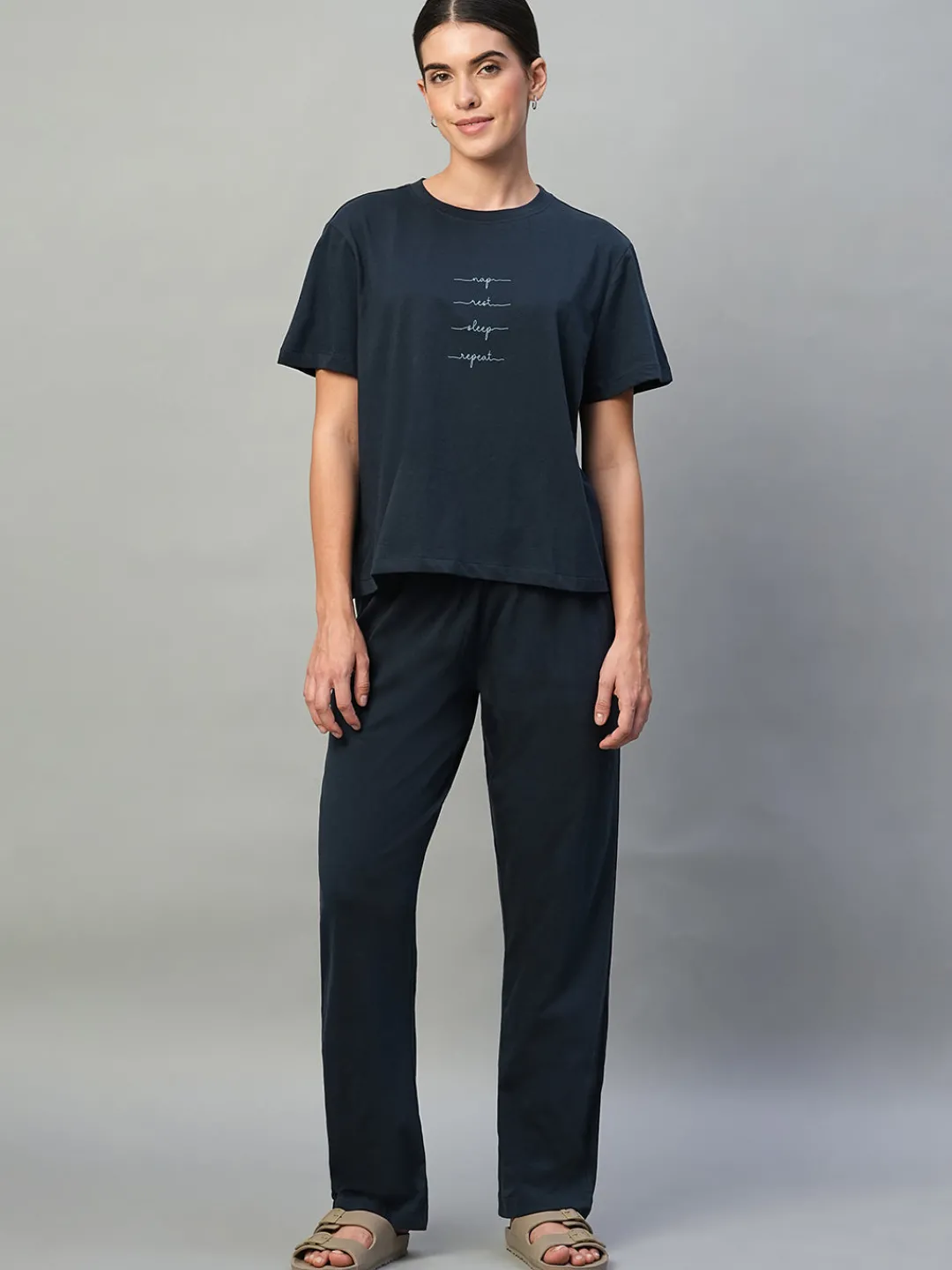 Women Cottonworld Loungewear^Women's 100% Cotton Regular Fit Knit Tshirt-Pyjama Set