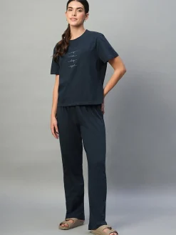 Women Cottonworld Loungewear^Women's 100% Cotton Regular Fit Knit Tshirt-Pyjama Set