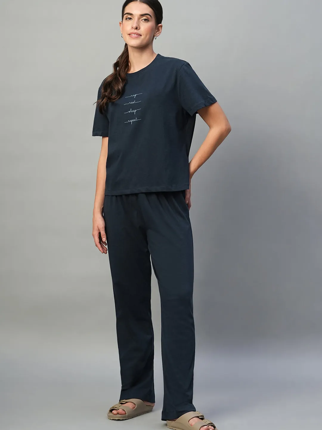 Women Cottonworld Loungewear^Women's 100% Cotton Regular Fit Knit Tshirt-Pyjama Set