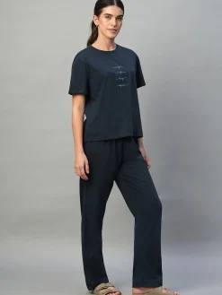 Women Cottonworld Loungewear^Women's 100% Cotton Regular Fit Knit Tshirt-Pyjama Set