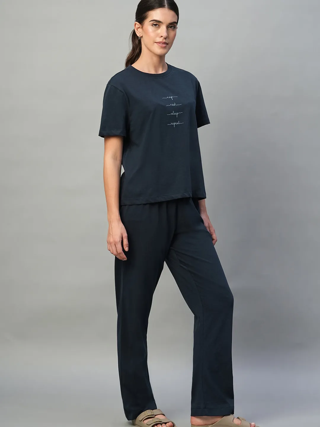 Women Cottonworld Loungewear^Women's 100% Cotton Regular Fit Knit Tshirt-Pyjama Set