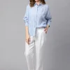 Women Cottonworld Tops & Shirts | Tops & Shirts^Women's Blue Striped Linen Shirt
