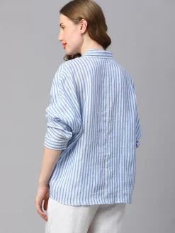 Women Cottonworld Tops & Shirts | Tops & Shirts^Women's Blue Striped Linen Shirt