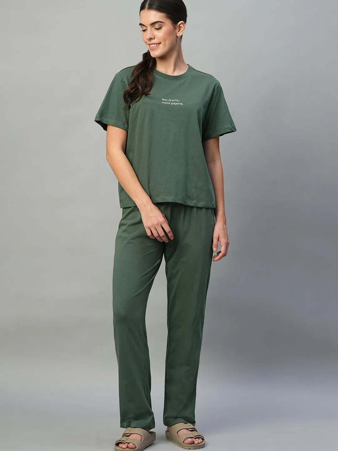 Women Cottonworld Loungewear^Women's 100% Cotton Regular Fit Knit Tshirt-Pyjama Set