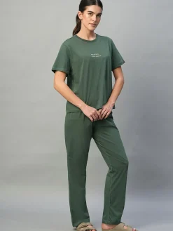 Women Cottonworld Loungewear^Women's 100% Cotton Regular Fit Knit Tshirt-Pyjama Set