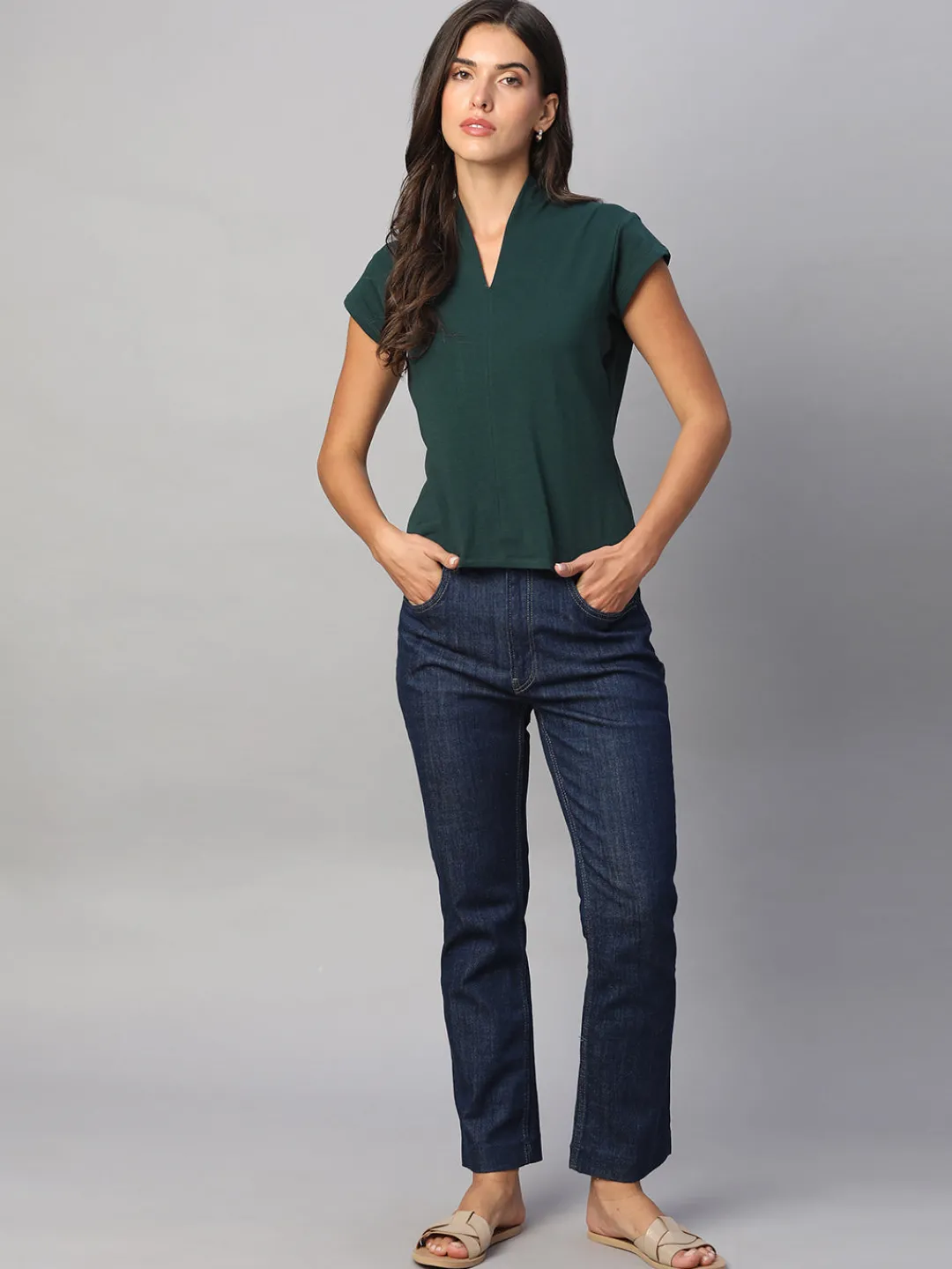 Women Cottonworld V-Neck^Women's Cotton Elastane Slim Fit Tshirt