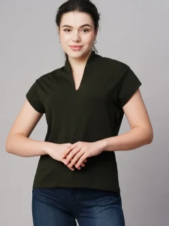 Women Cottonworld V-Neck^Women's Cotton Elastane Slim Fit Tshirt