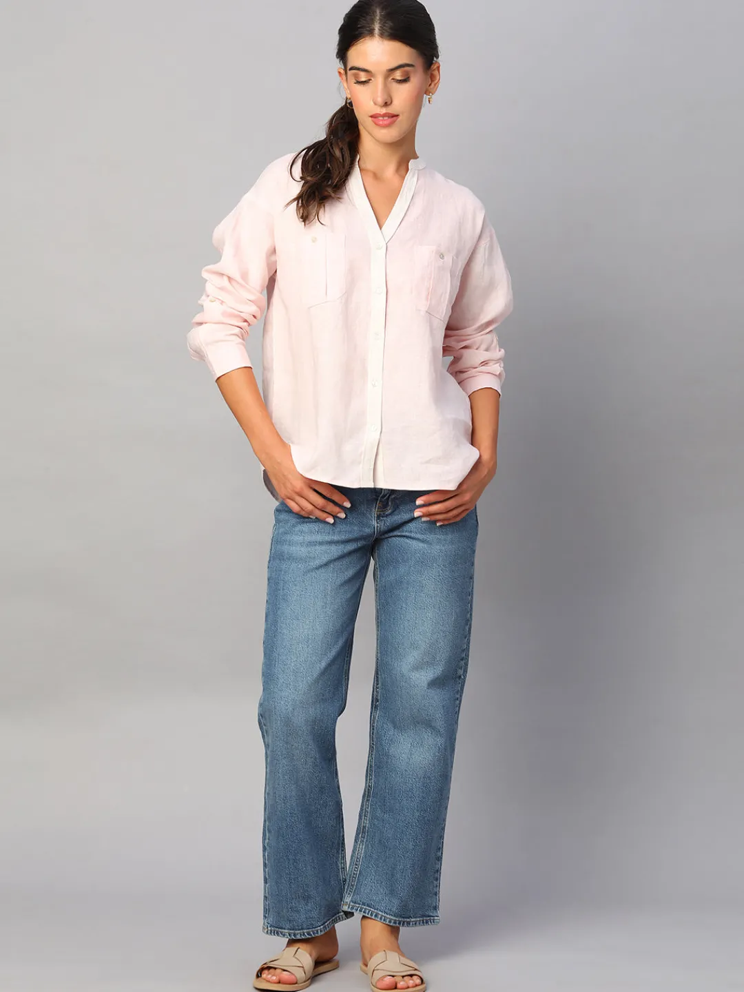 Women Cottonworld Tops & Shirts | Tops & Shirts^Women's 100% Linen Regular Fit Blouse