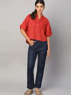 Women Cottonworld Tops & Shirts | Tops & Shirts^Women's 100% Linen Boxy Fit Blouse