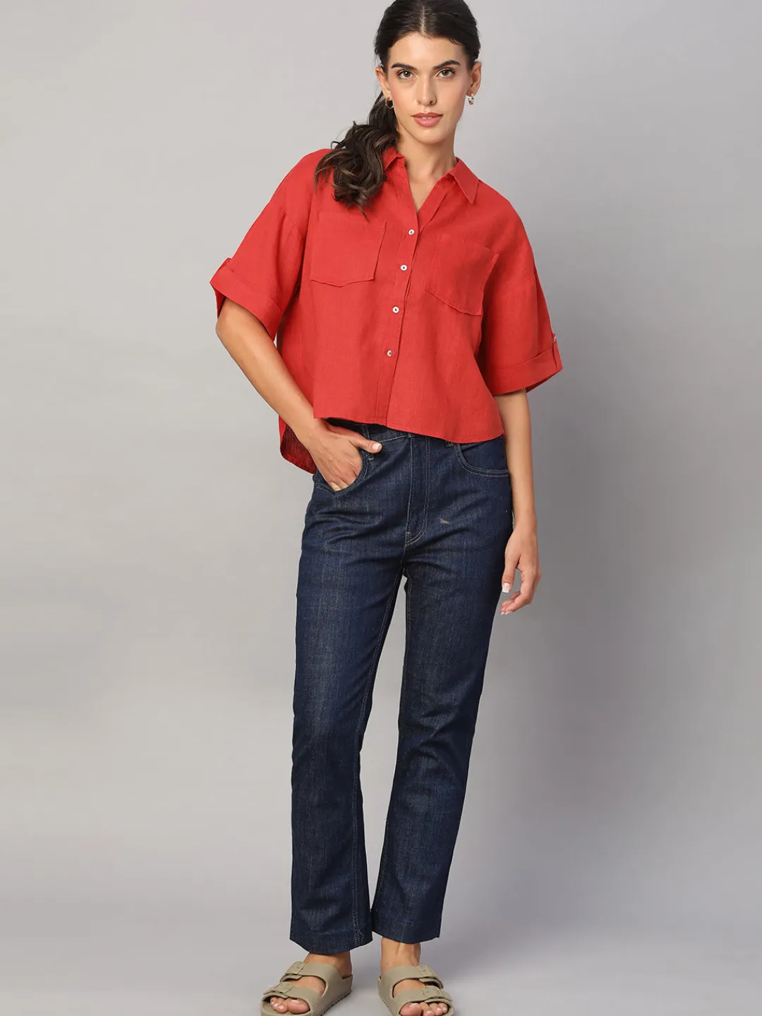 Women Cottonworld Tops & Shirts | Tops & Shirts^Women's 100% Linen Boxy Fit Blouse