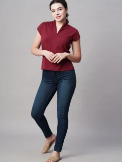 Women Cottonworld V-Neck^Women's Cotton Elastane Slim Fit Tshirt