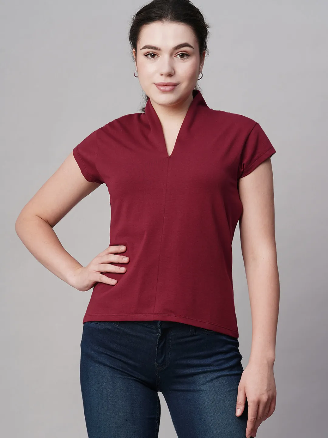Women Cottonworld V-Neck^Women's Cotton Elastane Slim Fit Tshirt