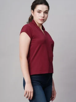 Women Cottonworld V-Neck^Women's Cotton Elastane Slim Fit Tshirt