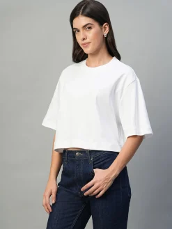 Women Cottonworld Round Neck^Women's 100% Cotton Boxy Fit Tshirt