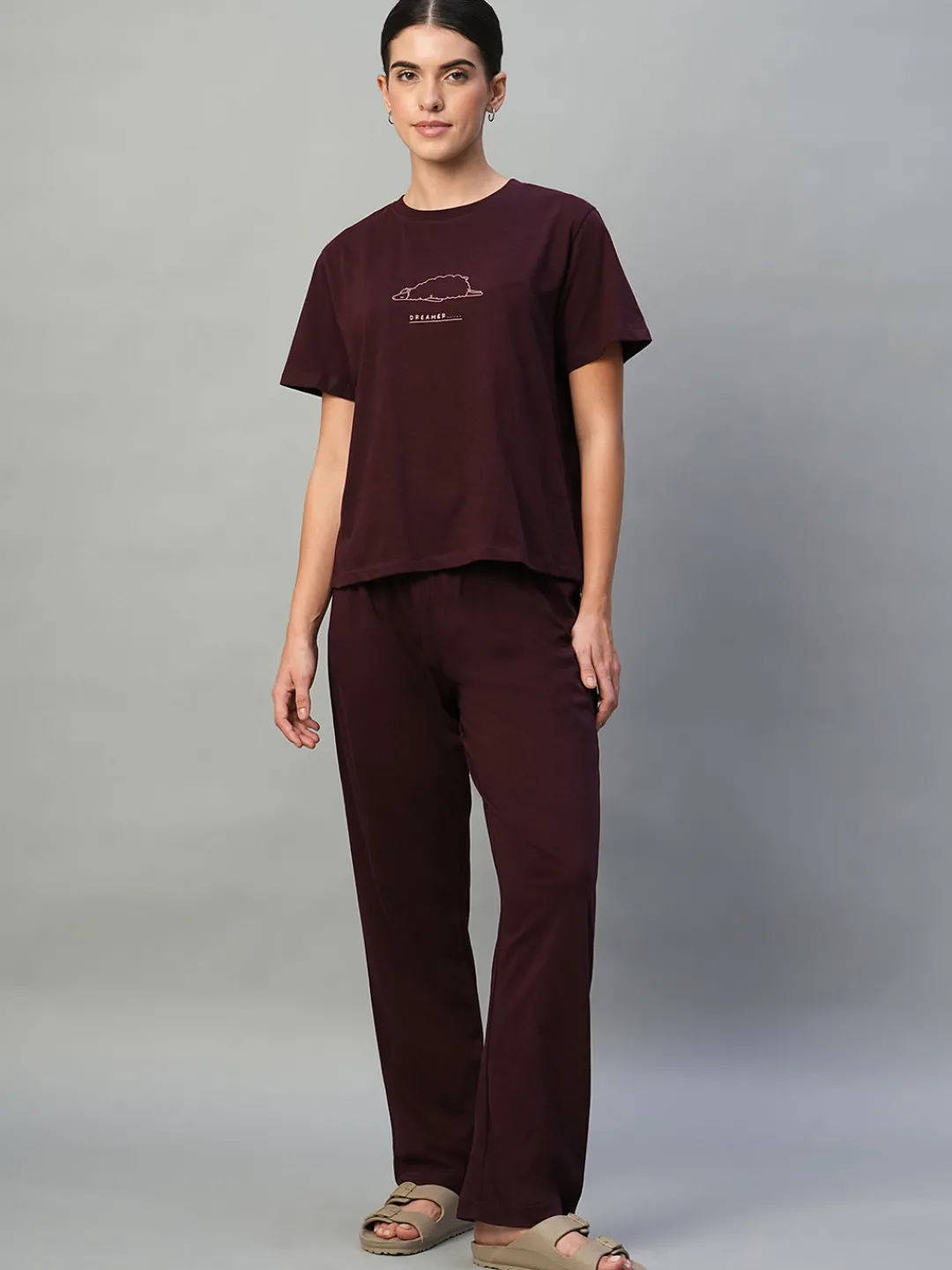 Women Cottonworld Loungewear^Women's 100% Cotton Regular Fit Knit Tshirt-Pyjama Set