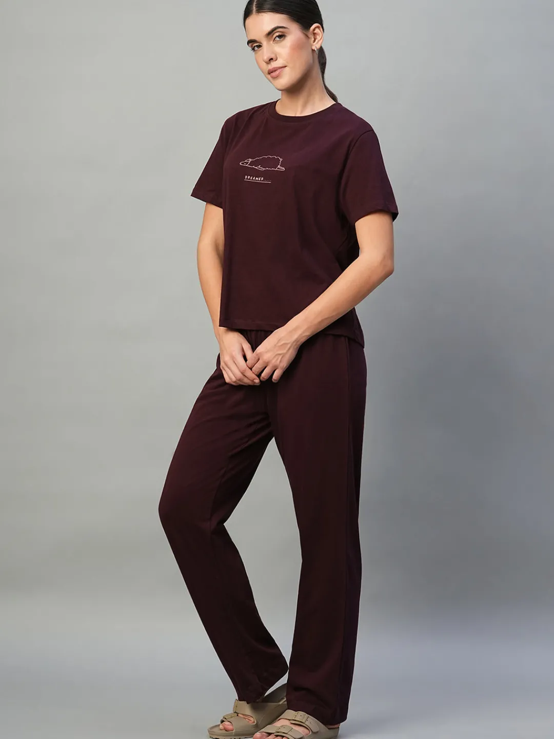 Women Cottonworld Loungewear^Women's 100% Cotton Regular Fit Knit Tshirt-Pyjama Set
